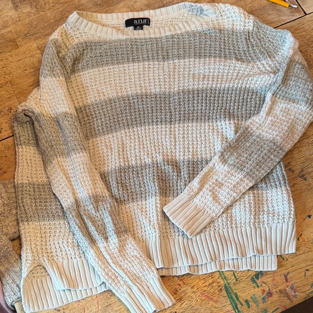 a.n.a Women's Striped Cream and Gray Sweater